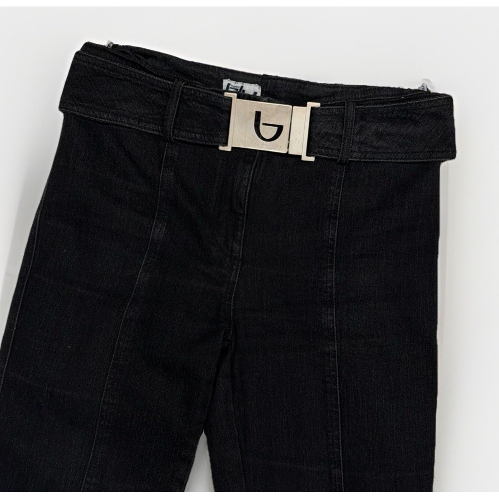 Vintage 90s Y2K Byblos Blu Italy Women's Flare Black Jeans‎ Size 10 Metal Buckle